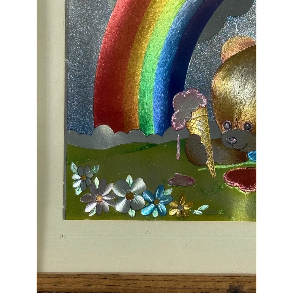 VTG DUFEX FOIL Art Framed Picture Teddy Bear Rainbow Sun Nursery Kid Decor 8x10